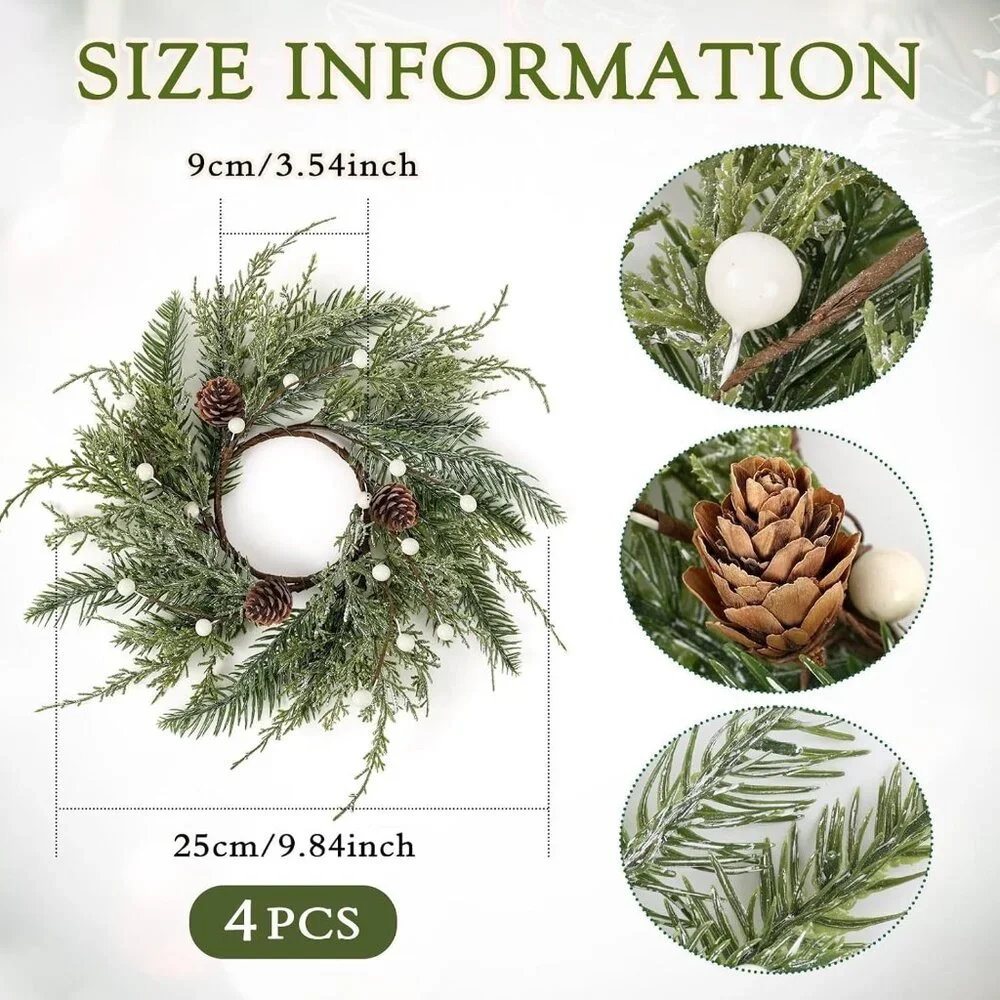 4-Piece Mini Wreath Candle Holders with Pine Cones - Perfect for Christmas Decor